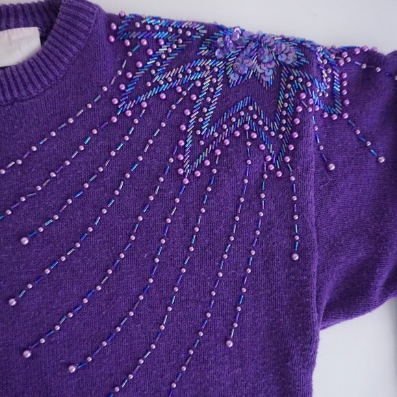 Vintage Alibi Beaded Sweater Purple 80s Whimsigoth Statement Glam S - Picture 9 of 10